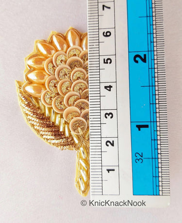 Hand Embroidered Floral Applique With Gold Sequins And Beads, Zardozi Appliqué Patch, Wedding Dress Applique